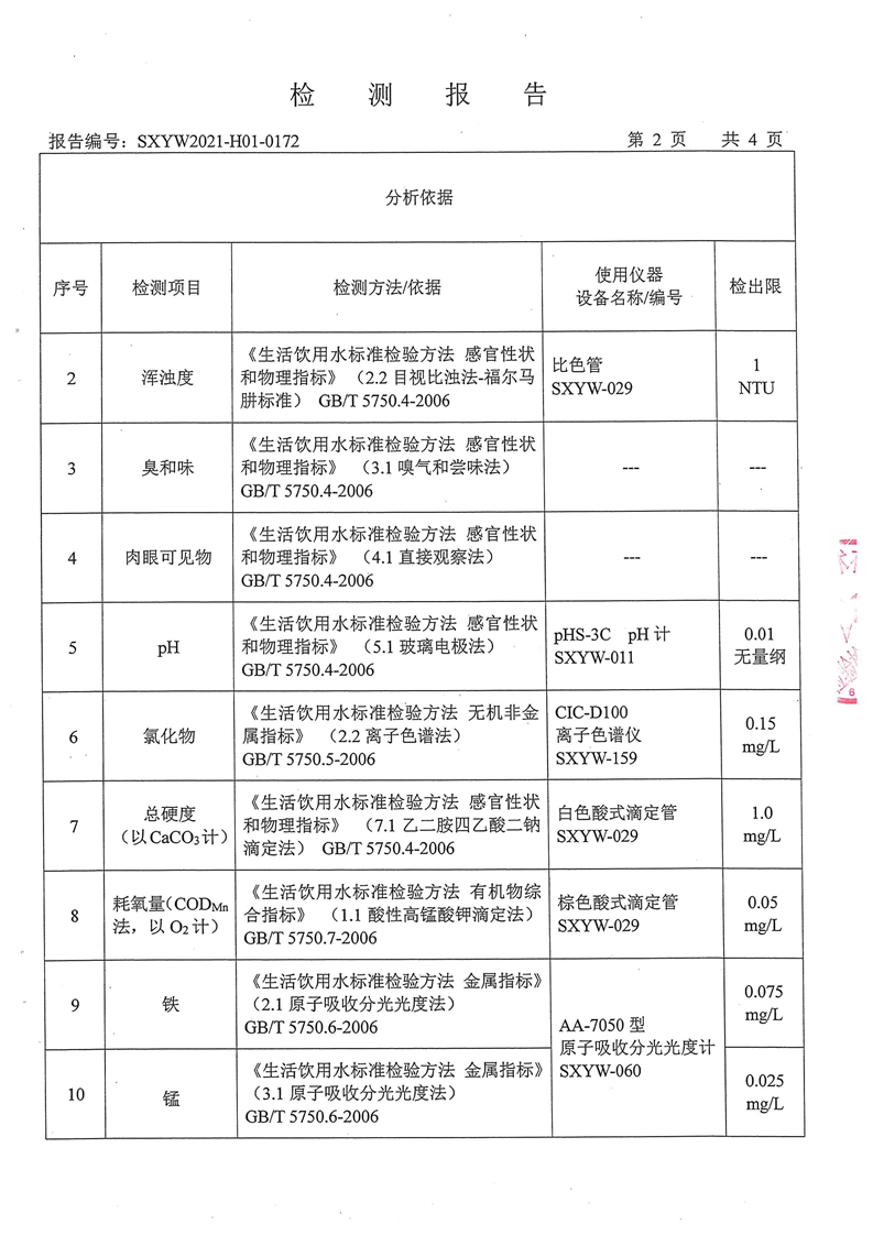 城固县自来水公司2021年2月份生活饮用水水质检测报告